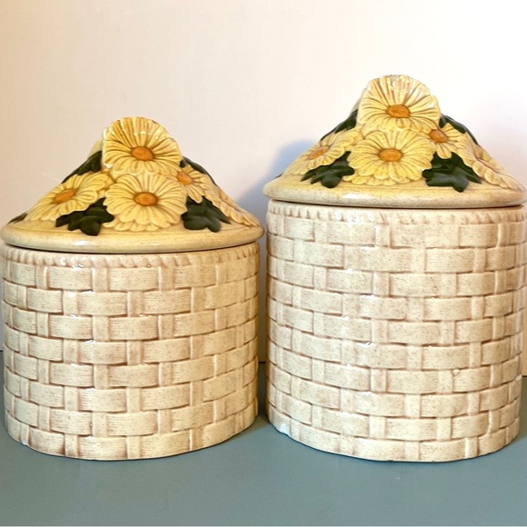 SOLD VTG Kitchen Canisters Ceramic Daisy Flower Basket 70s Jars Retro Kitchen De - Picture 10 of 10